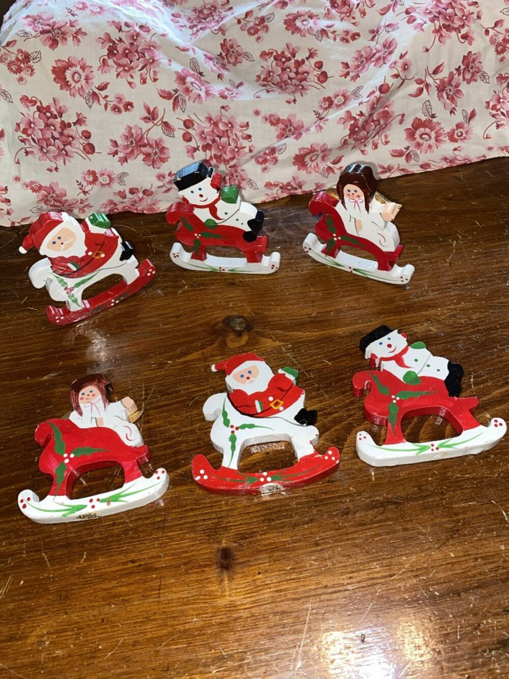 Adorable Vintage Vera Neumann Wooden Napkin Rings, Set of 6, Santa-Snowman-Angel